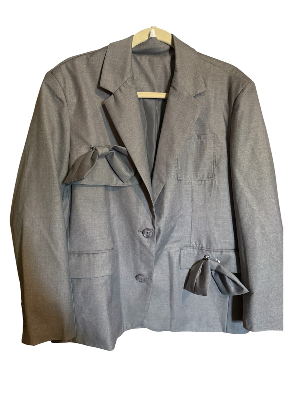 Grey bow accents ladies oversized Blazer jacket small medium buttoned Movable
